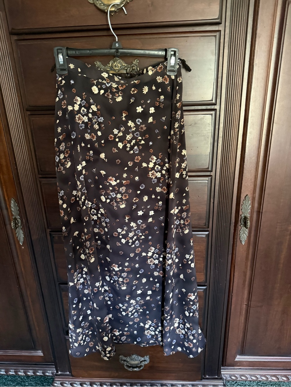 All That Jazz Black Maxi Skirt with Cream and Brown Floral Print